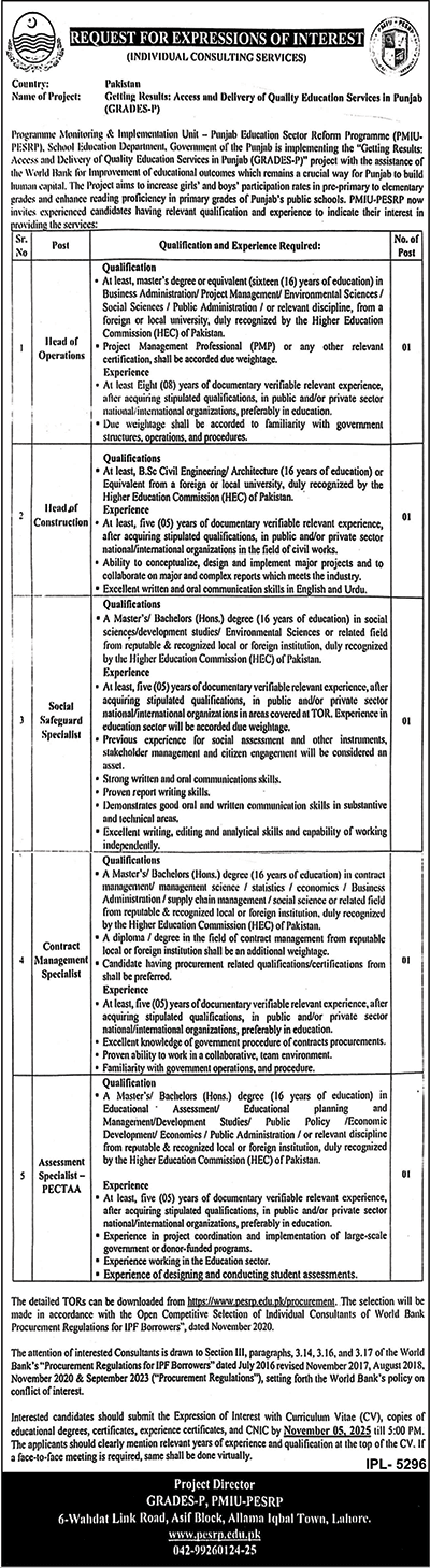 Programme Monitoring & Implementation Unit PMIU Lahore Jobs