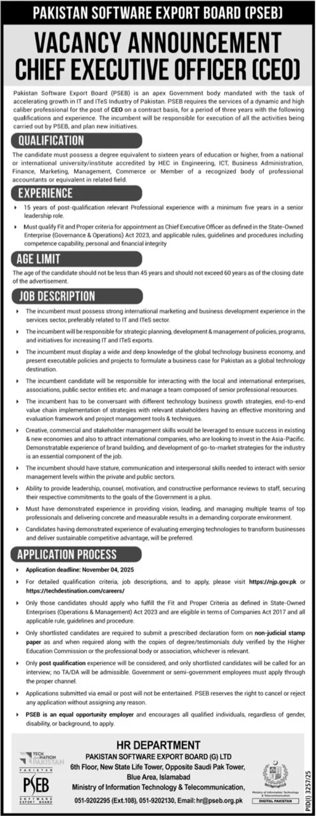 PSEB Islamabad Jobs 2025 For Chief Executive Officer